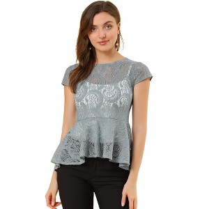 INSPIRE CHIC Women's Lace High Low Hem Cap Sleeves Peplum  Blouse - 1 of 4