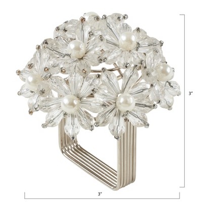 Clear Beaded Floral Design Napkin Rings Set of 4