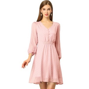 Allegra K Women's Swiss Dots Elastic Waist 3/4 Sleeve A-line Solid Flowy Chiffon Dress - 1 of 4