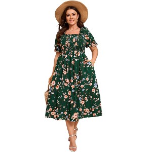 Womens Puff Sleeve Summer Floral Dress Plus Size Smocked Ruffle Square Neck Casual Dress Cute Midi Dress Dark Green Flower 4XL - 1 of 4