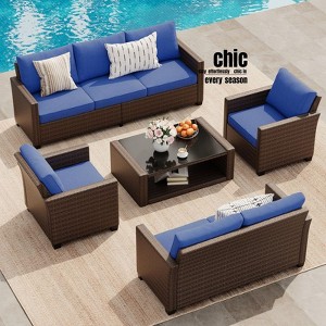 Jojoka 5pc Outdoor Patio Conversation Set, 7-Seat PE Rattan Sectional Sofa with Water-Resistant Cushions for Backyard, Deck, or Poolside - 1 of 4