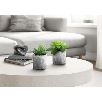 Artificial Plant, 6" Tall, Succulent, Indoor, Faux, Fake, Table, Greenery, Potted, Set Of 2, Decorative, Green Leaves, Grey Cement Pots