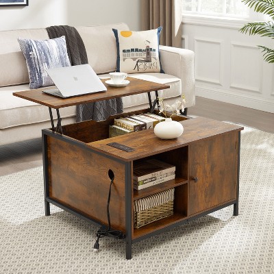 Lift Top Coffee Table for Living Room, Coffee Table with Lift Top and Power Outlet, Center Table for Office, Reception Room, Rustic Brown