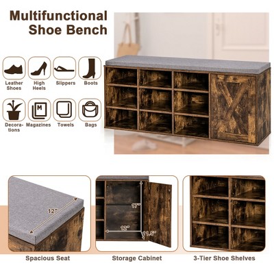 Rustic Brown Shoe Bench with Padded Cushion and Storage