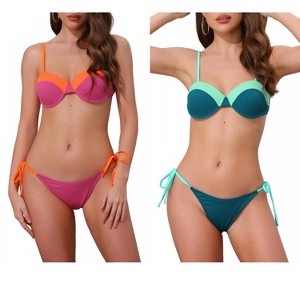 INSPIRE CHIC Women's Contrast Color Ribbed Triangle Bottom Swimwear Bathing Bikini Suits 2 Sets - 1 of 4