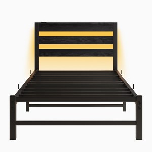 APRILSOUL  Metal Bed Frame with Wooden Headboard,  Storage Shelf, Noise-Free, No Box Spring Needed - 1 of 3