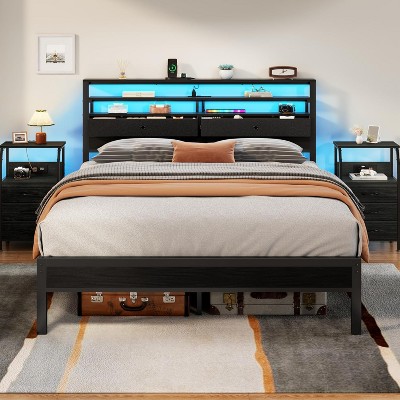 Furnulem Queen Bed Frame with Headboard 2 Fabric Drawers Bed Frame Featuring LED Lights Built-in Charging Station Storage No Box Spring Needed