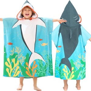 Joyfy 30"x30" Kids Beach Towels with Hood for 3-10 Years Boys Girls Absorbent Quick Dry Soft Microfiber Swim Robe w/Backpack for Beach Pool Bathroom - 1 of 4