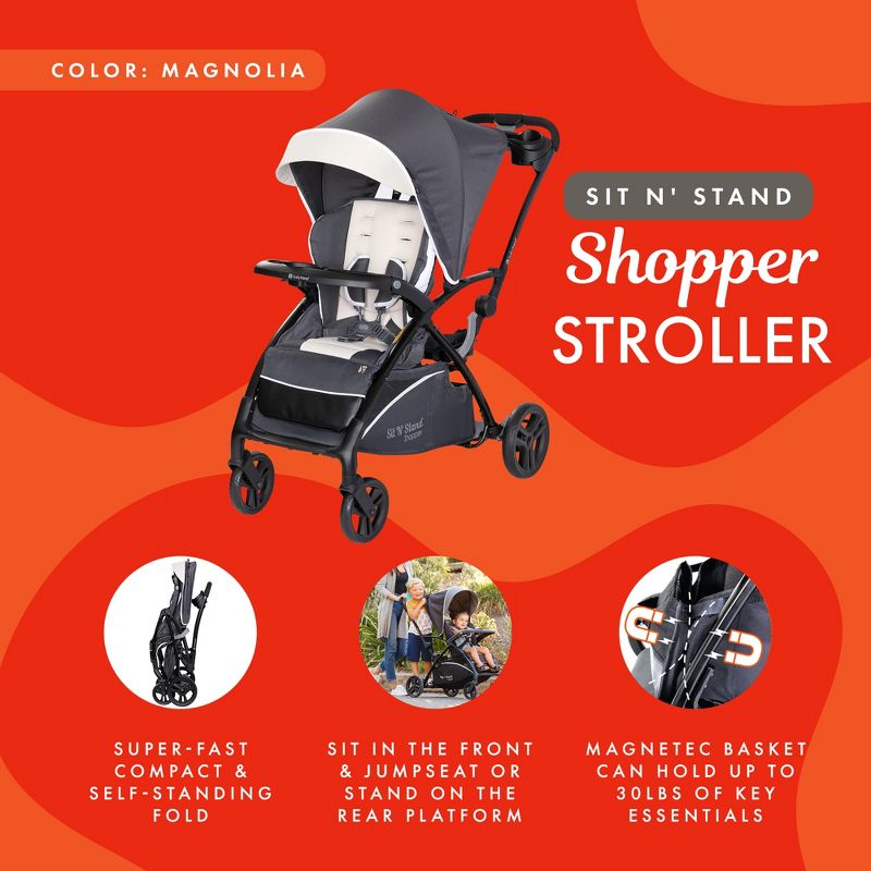 Baby Trend Sit N' Stand 5-in-1 Collapsible Shopper Stroller with Canopy, Visor, Extendable Storage Basket, Phone Tray, and 2 Cup Holders, Magnolia, 4 of 8