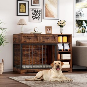 Dog Crate Furniture 47", Large Dog Crate TV Stand with 2 Drawers and 4 Shelves, Wooden Dog Kennel Indoor, Decorative Dog Cage with Storage, Black - 1 of 4