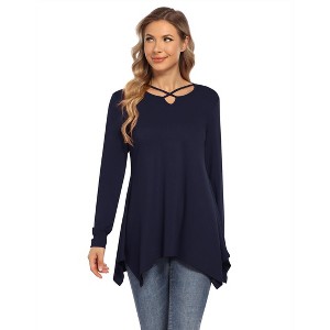 Ladies Tunic Tops Long Sleeve Swing Top Casual V Neck Blouses Flowy Fall Shirts for Leggings - 1 of 1