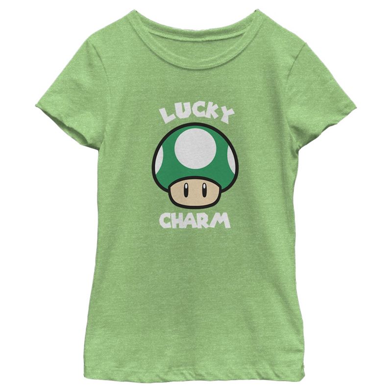 Girl's Nintendo Super Mario St. Patrick's Day Extra Life Mushroom Lucky Charm T-Shirt, 1 of 5