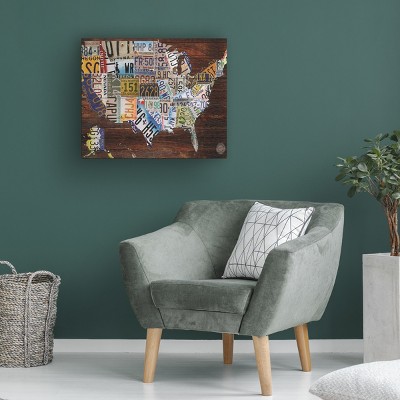"USA License Plate Map on  Wood" Outdoor Canvas