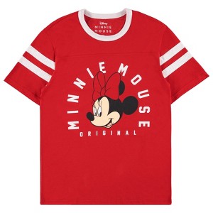 Ladies Mickey & Minnie Mouse Shirt - Classic Mickey & Minnie Mouse - Disney Mickey & Minnie Varsity Stripe Sleeve Athletic Tee - 1 of 4
