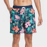 Men's 7" Floral Swim Trunk with Boxer Brief Liner - Goodfellow & Co™ Pink S