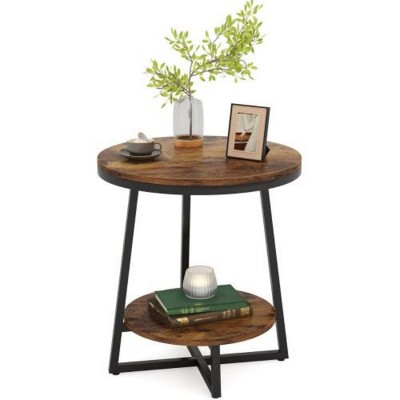 Syemin End Tables Industrial End Table with Storage Shelf, 2-Tier Round Side Table, Rustic Sturdy Nightstand, Bedside Table, Brown, 19.7"*19.7"*23.62"