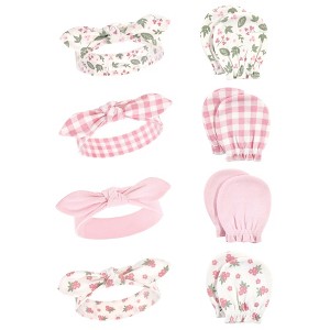Hudson Baby Infant Girl Cotton Headband and Scratch Mitten Set, Gingham Floral, 0-6 Months - 1 of 2
