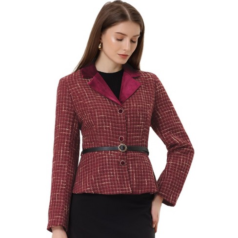 Allegra K Women's Vintage Tweed Plaid Notched Collar Work Office Blazers  with Belt Wine Red S