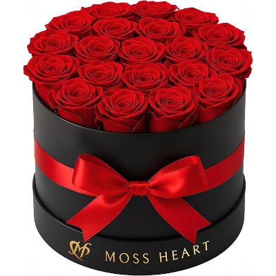 Moss Heart preserved roses in Round box - Red - 20 count