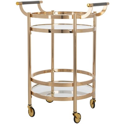 Transitional 24" Gold Metal and Glass Round Bar Cart with Wine Storage