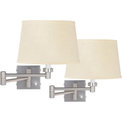 Possini Euro Design Modern Swing Arm Wall Lamps Set of 2 Brushed Nickel Plug-In Light Fixture Cream Burlap Drum Shade for Bedroom