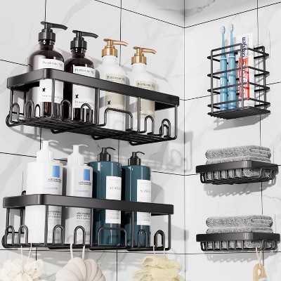ATTOP Adhesive Shower Caddy 5 Pack, Large Capacity Bathroom Organizers and Storage, No Drilling Wall-Mounted Basket, Black