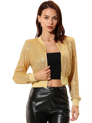INSPIRE CHIC Women's Sequin Sparkle Front Zipper Cropped Bomber Jacket