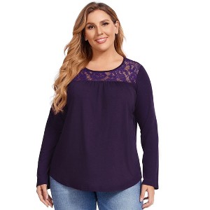 Plus Size Women's Long Sleeve Lace Trim Blouse, Elegant Dressy Tops for Casual & Formal Wear - 1 of 4