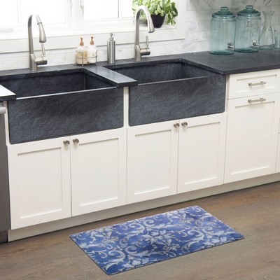 Blue and Gold Watercolor Damask Anti-Fatigue Kitchen Mat, 20" x 36"