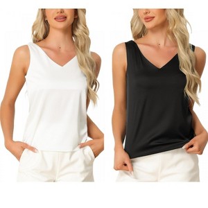 INSPIRE CHIC Women's 2 Pcs Tank Top Silky Satin Casual Basic V Neck Sleeveless Camisole - 1 of 4