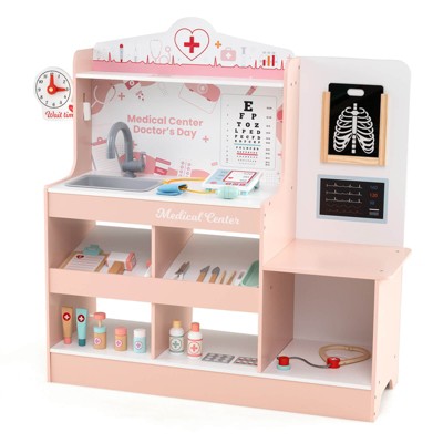 Safstar Wooden Doctor Play Set w/ Clock Sink Eye Chart ECG Monitor Exam Area Storage