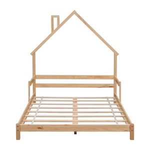 YNXARIA Natural Pine Full Size Bed Frame with House - Shaped Headboard and Armrests - 1 of 4