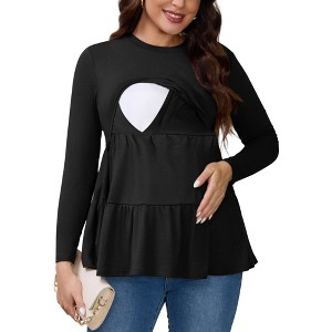 INSPIRE CHIC Women's Nursing Top Ruffle Pleated Long Sleeve Tunic Rayon Postpartum Breastfeeding Shirt Pregnancy Clothes - 1 of 4