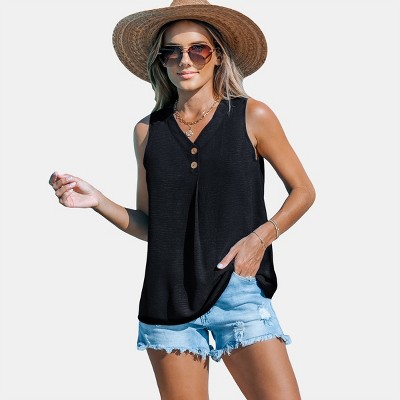 Women's Sleeveless V-neck Front Button Tank - Cupshe-l-black : Target