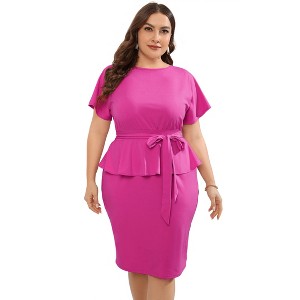 YESFASHION Women Plus Size Bodycon Elegant Midi Dress Peplum Business Work Office Sheath Pencil Cocktail Party Dress with Belt - 1 of 4