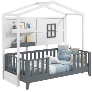 Costway Twin Size Kids House Bed with Fence Window Wooden Slats & 2 Storage Shelves - 1 of 4