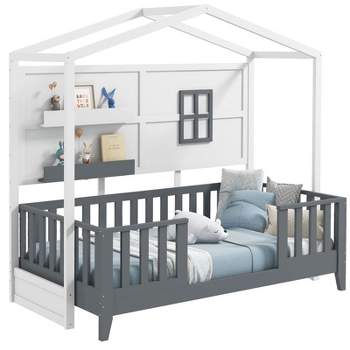 Costway Twin Size Kids House Bed with Fence Window Wooden Slats & 2 Storage Shelves