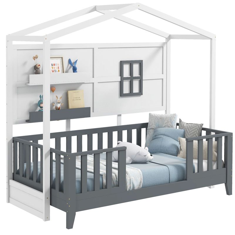 Costway Twin Size Kids House Bed with Fence Window Wooden Slats & 2 Storage Shelves, 1 of 10