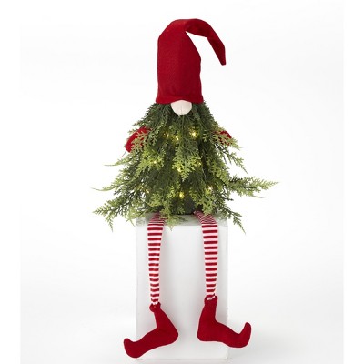 Lakeside Lighted Christmas Tree Gnome Shelf Sitter Decoration with Striped Socks