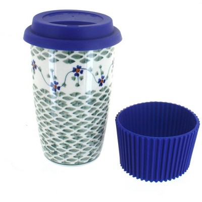 Blue Rose Polish Pottery Sage Floral Travel Coffee Mug