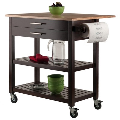 Brown Wood Drop Leaf Kitchen Cart with Storage