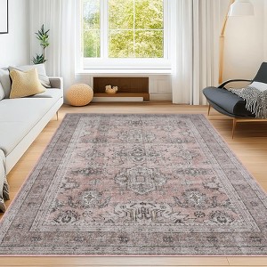 Vintage Oriental Area Rug Washable, Low Pile Neutral Soft Carpet Non Slip, Distressed Office Carpet Farmhouse Floor Cover for Living Room Bedroom - 1 of 4