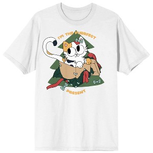 Christmas Critters The Purrfect Present Crew Neck Short Sleeve White Adult T-shirt - 1 of 2