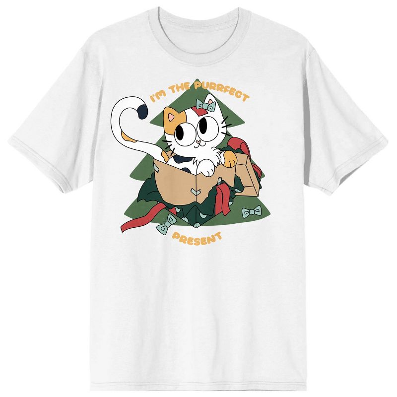 Christmas Critters The Purrfect Present Crew Neck Short Sleeve White Adult T-shirt, 1 of 3