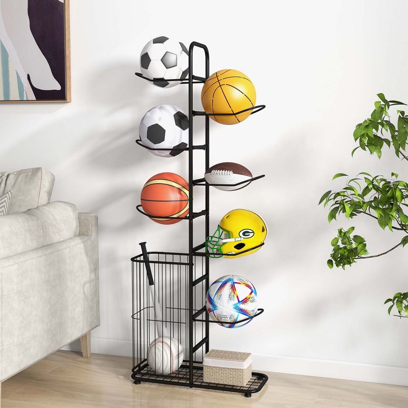 Costway 7-Tier Ball Storage Rack with 7 Removable Hanging Rods & Side Ball Basket Black, 2 of 11