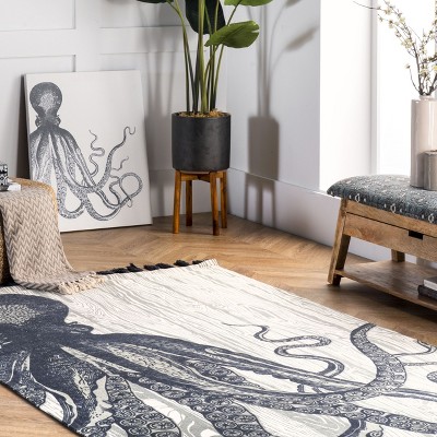 Ivory Cotton Flat-Woven Octopus Tassel Area Rug, 5' x 8'