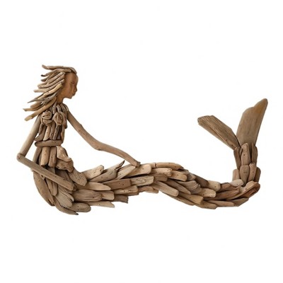 Storied Home Driftwood Sitting Mermaid Wall Decoration - Hardwood Sculpture, Nautical Decor, 13" Height
