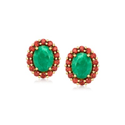 Ross-Simons 3.20 ct. t.w. Emerald and 1.40 ct. t.w. Garnet Halo Earrings in 18kt Gold Over Sterling