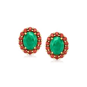Ross-Simons 3.20 ct. t.w. Emerald and 1.40 ct. t.w. Garnet Halo Earrings in 18kt Gold Over Sterling - 1 of 3
