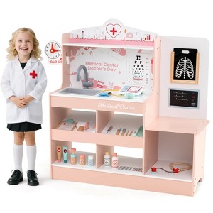 Honeyjoy Wooden Doctor Play Set with Clock Sink Eye Chart ECG Monitor Exam Area Storage Blue/Pink - 1 of 4